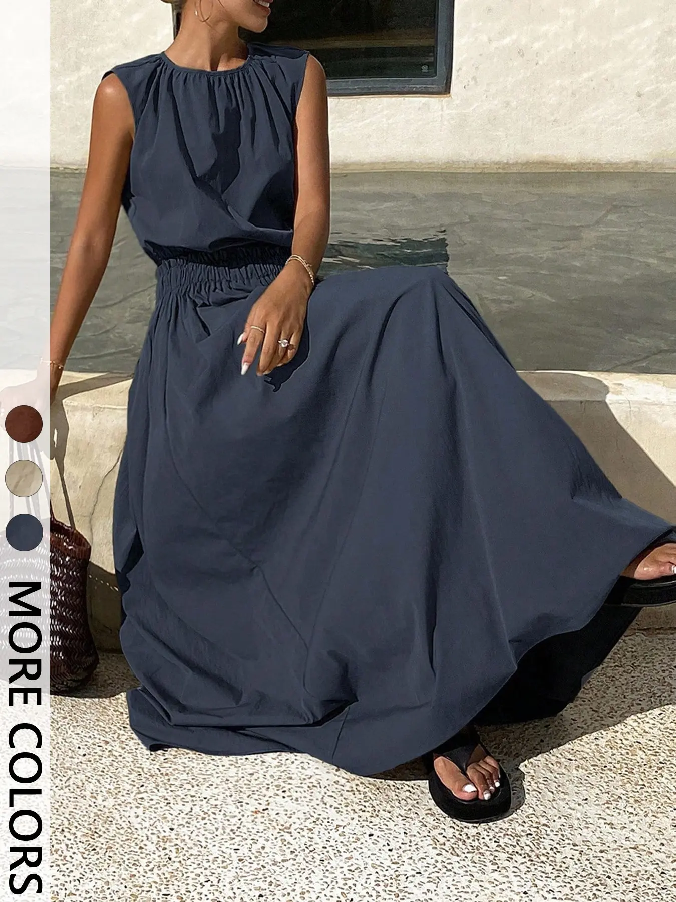 Women's Summer Plain Minimalist Pleated Round Neck Top and Loose Medium-Length Skirt Two-Piece Set, Casual Beach Set, Casual Commute, Comfortable and Stylish