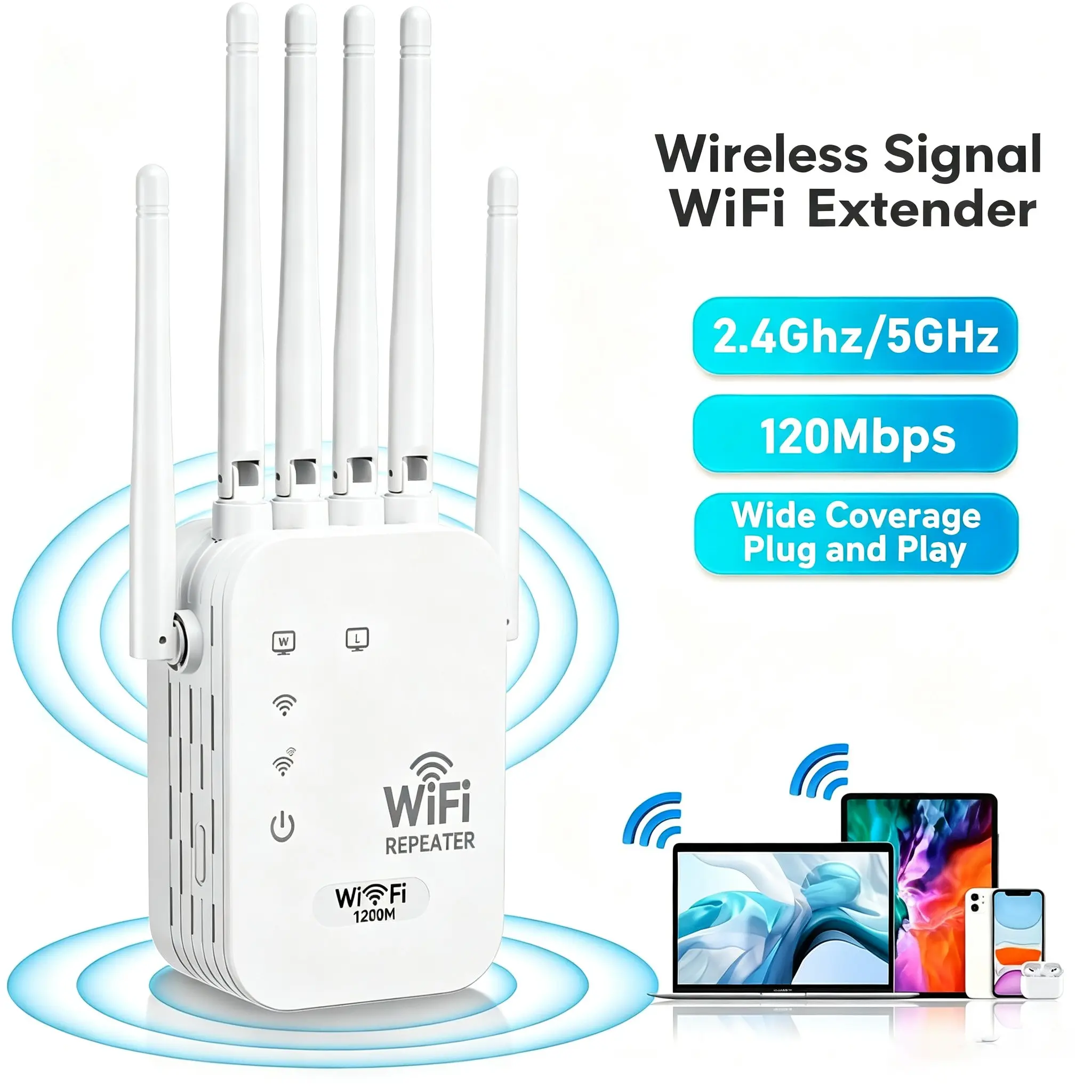 WiFi extender signal enhancer, WiFi extender with Ethernet port, 1200Mbps WiFi enhancer dual band 5GHz/2.4GHz, wireless remote amplifier signal enhancer, white