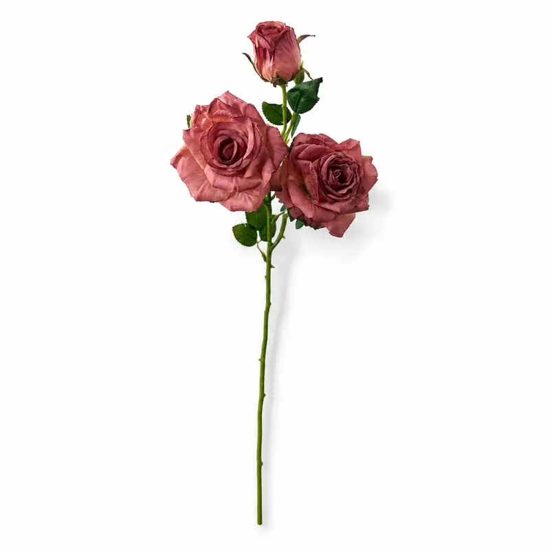 Three-head realistic rose single stem retro style wedding decoration flower material