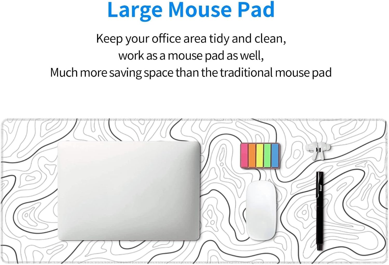 Abstract Topographic Map Black Mouse Pad Big Gaming Mouse Pad XXL MousePad Large Keyboard Mat with Non-Slip Rubber Base Stitched Edges Mouse Mat Desk Pad for Gaming and Office