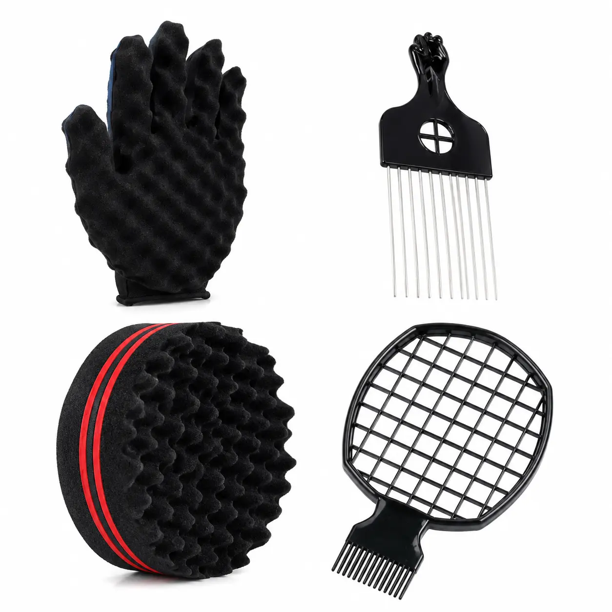 Professional Barber-Grade Curl Styling Kit Featuring Soft-Touch Foam Sponge for Afro Twists, Dual-Prong Metal Pick Comb, and Precision Tapered Styling Combs – Ergonomic Black Design for Natural Hair Textures and Protective Styles