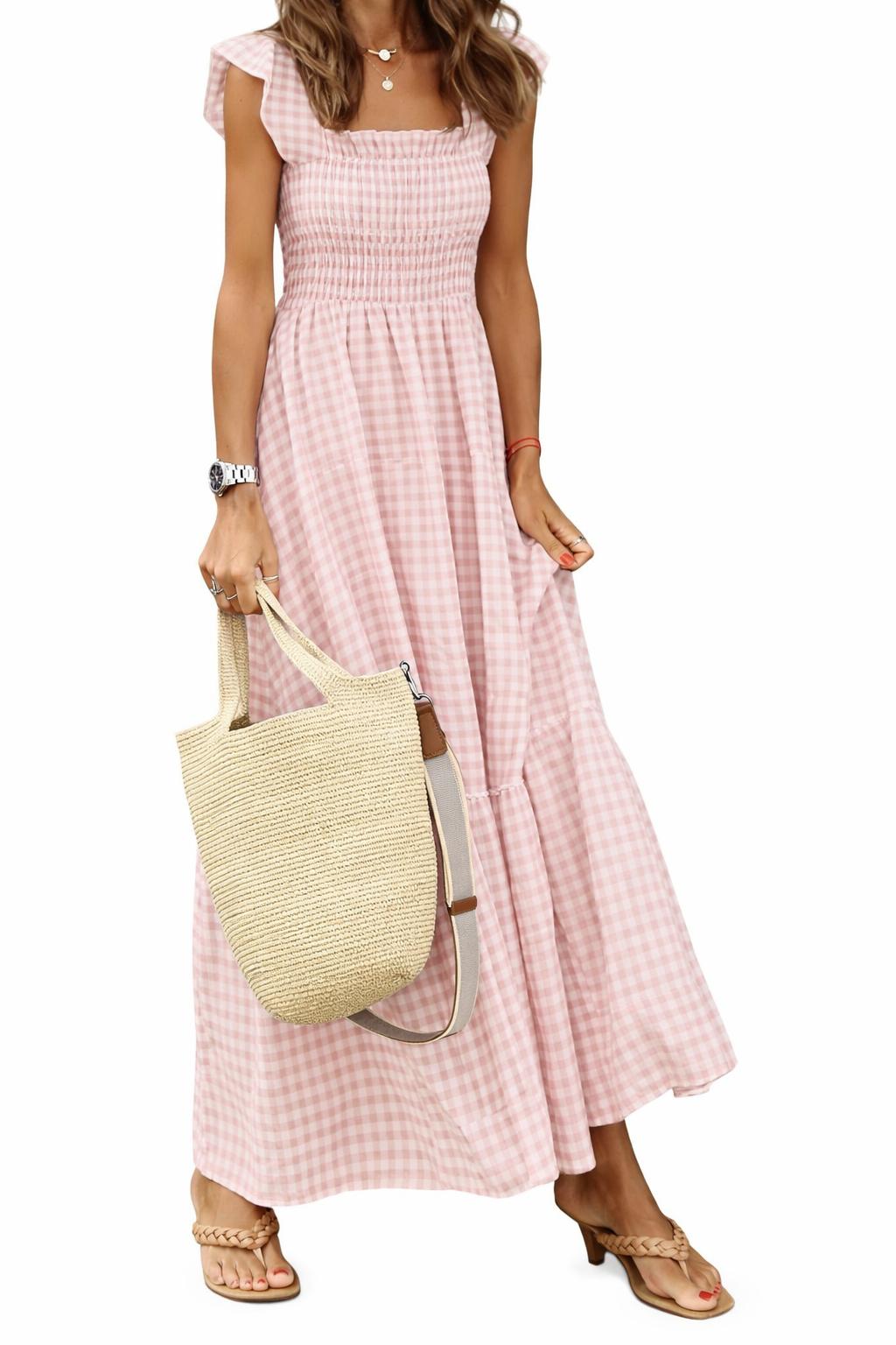 2026 Summer Style Women's Patchwork Plaid Halter Elastic Skirt Dress