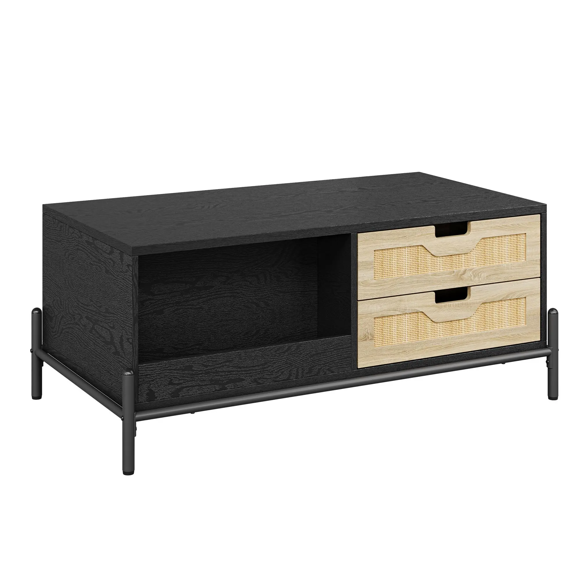 GARVEE 40-Inch Rattan Coffee Table with LED Lights, 4 Drawers, Open Storage Shelf and Metal Legs - Mid-Century Modern Indoor Furniture for Living Room