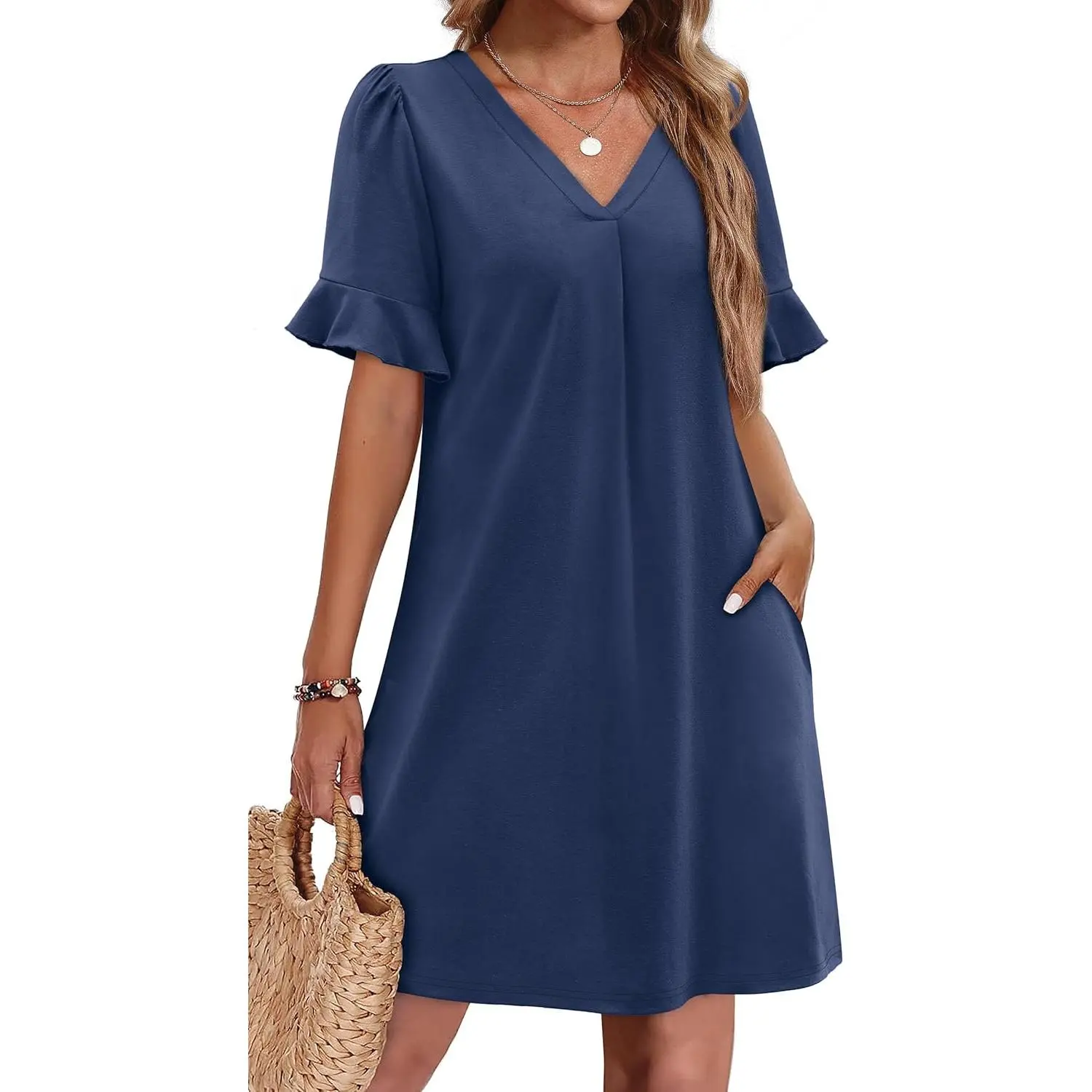 Women's Summer Solid Casual Shift Dress, Ruffle Short Sleeves, V-Neck, with Pockets, Casual Wear