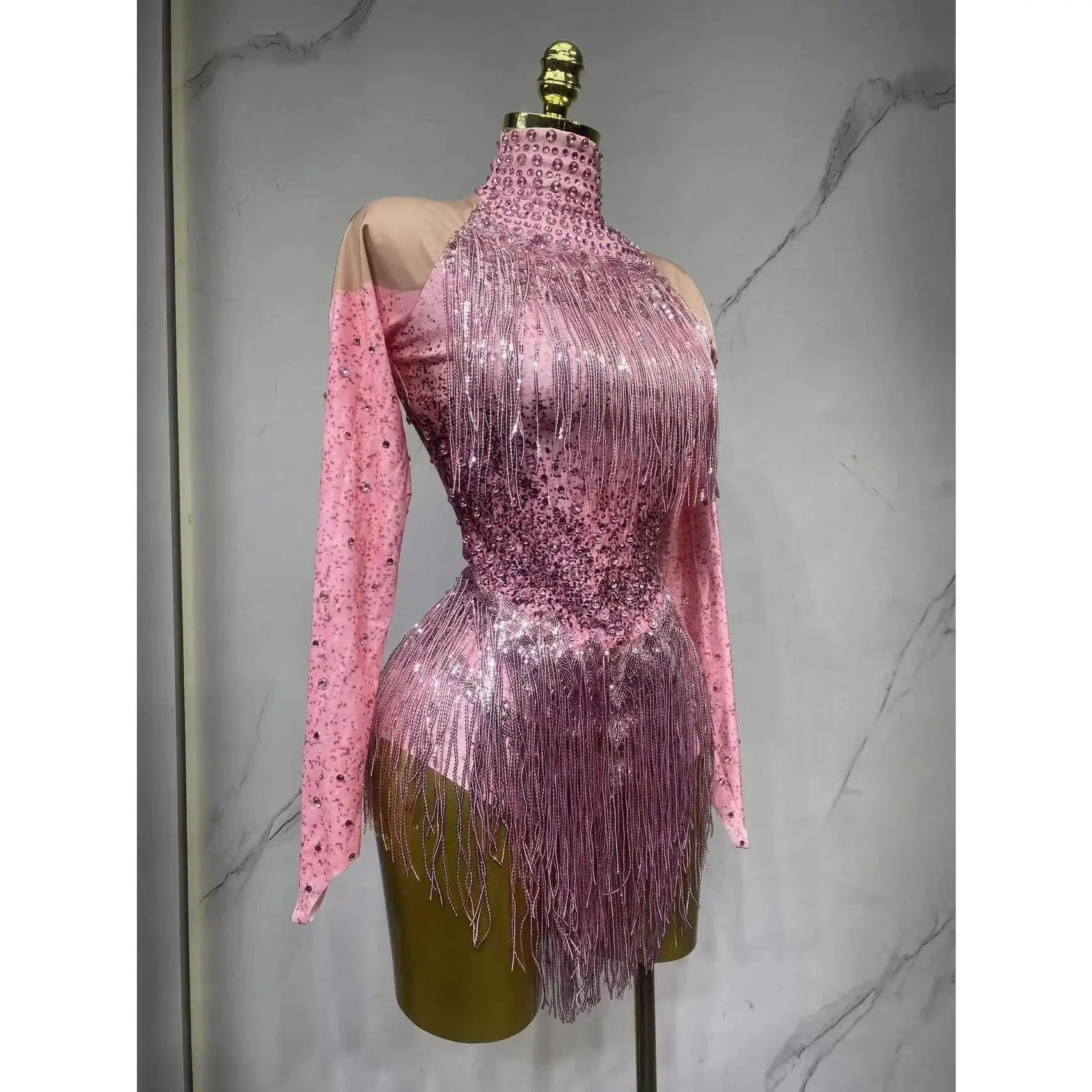 Women's Sparkly Rhinestone Sequin Tassel Bodycon Cut Performance Bodysuit, Acrylic-Nylon-Polyester Fabric, Sexy Stage Wear for Singers Dancers