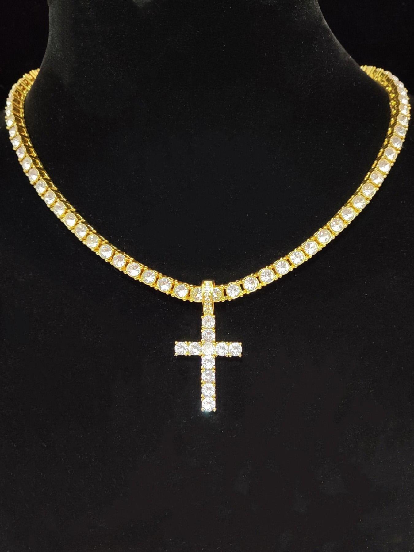 Unisex Easter Rhinestone Cross Pendant Necklace, Hip Hop Necklace, Fashion Elegant All-match Stainless Steel Jewelry Accessories, Bling Stylish Accessory, Exquisite Chain Jewelry