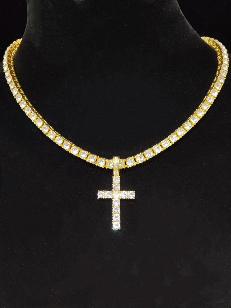 Unisex Easter Rhinestone Cross Pendant Necklace, Hip Hop Necklace, Fashion Elegant All-match Stainless Steel Jewelry Accessories, Bling Stylish Accessory, Exquisite Chain Jewelry