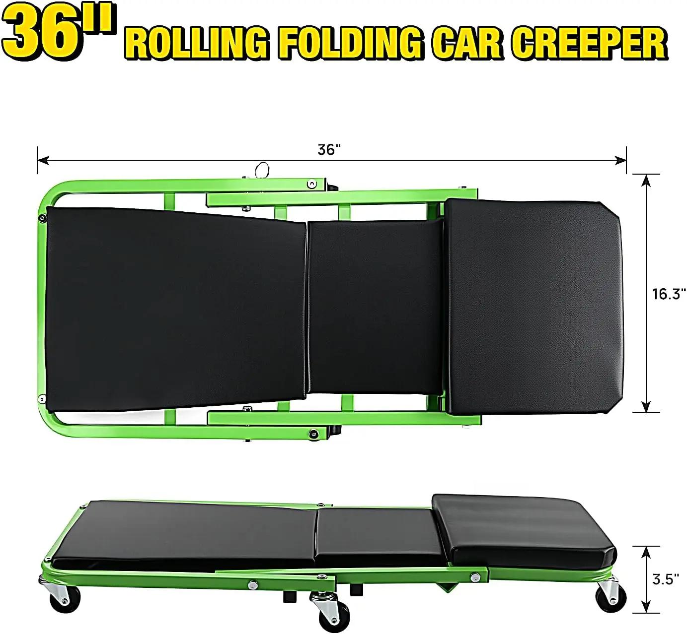 36"  - 2-in-1 Rolling Folding Car Seat, 36 inches Adjustable Roller Garage Chair Lay Down or Sit, 330LBS Capacity, Green Black