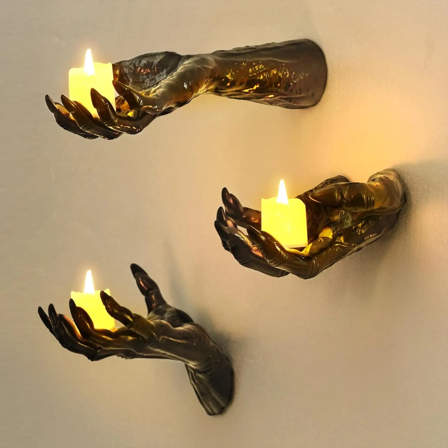 Gothic Halloween Decoration Kit - 3 Wall-Mounted Creepy Hands with Lighted Candles, Spooky Room Decor Accents