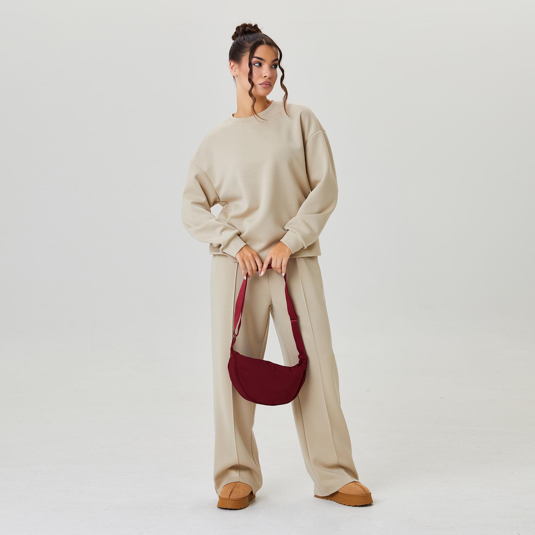 Women's Basic Solid Color Loose Long Sleeve Top & Exposed Stitches Trousers Co-ord (B), Lightweight Round Neck Top & Wide Leg Trousers Two Piece Outfits