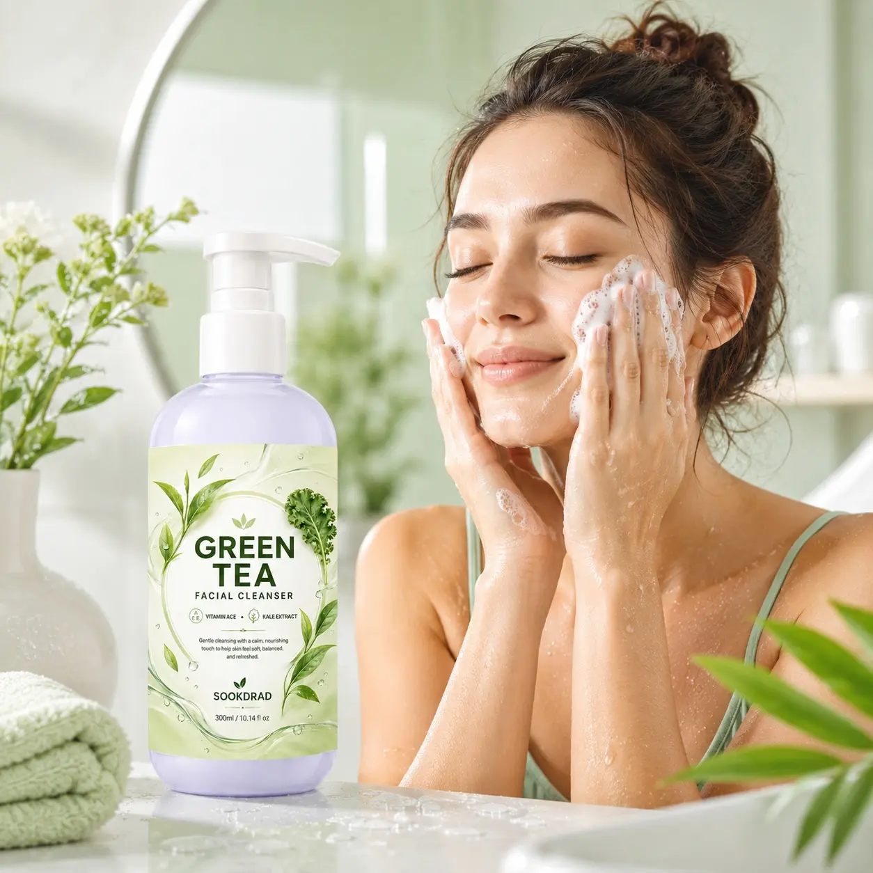 Green Tea Facial Cleanser, Vitamin ACE, Kale Extract, gentle cleansing, soft skin, balanced skin, refreshed skin, face, 300ml/10.14fl oz