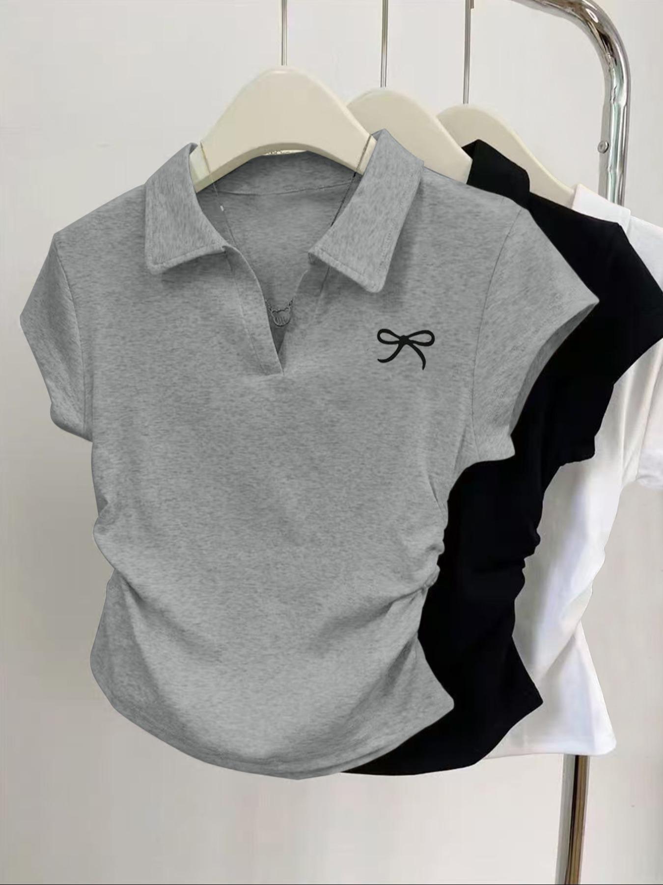 3pcs women's casual fashion butterfly pattern details simple solid color pleated polo collar pullover shirt women's short sleeved three piece T-shirt Polo Shirt Set