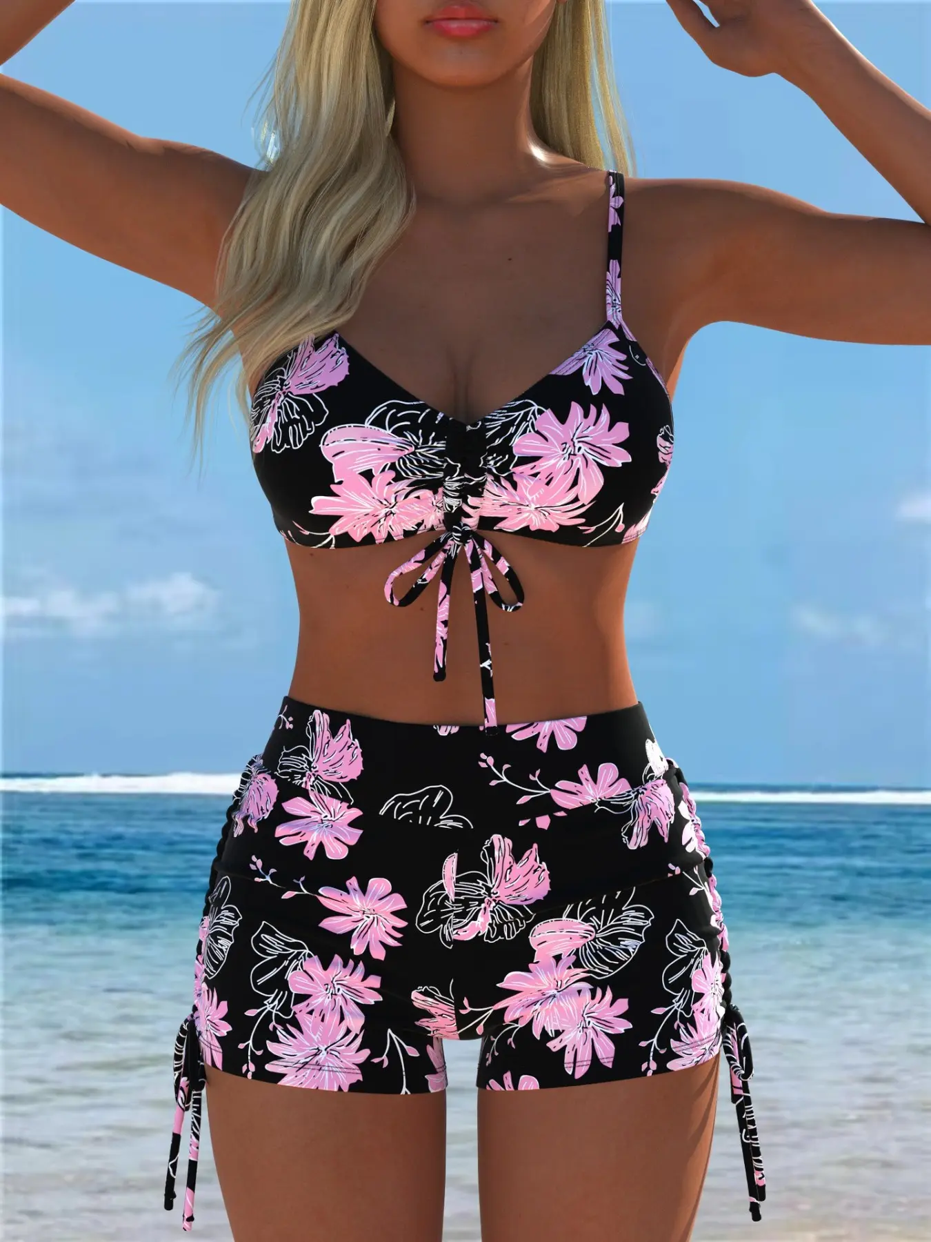 New 2026 Women's Sexy Bikini Two-Piece Swimsuit, Full Print Front Drawstring Top and Side Drawstring Bottom, Fashion Beachwear for Summer, Print Swimwear, Bikini Set Swimsuit, Swimsuits Set