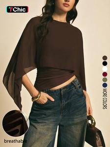 Women's Fashion Elegant Solid Color Shawl Waist Cinching Top, Stylish Pure Color Blouse for Casual and Formal Wear