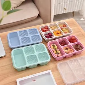 Multi-Color Wheat Straw Lunch Box Set, 5 Compartment Bento Container with Transparent Lid, Leakproof & Microwave Safe, Ideal for Office & School Use