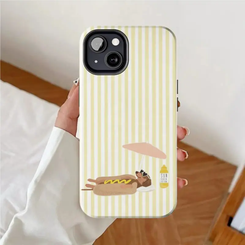 TPU Plastic 2-in-1 Sausage Dog Hot Dog Vacation Pattern Smartphone Case - Durable, Shock-Absorbing, Glossy Cellphone Accessory for iPhone 17/16/15/14/13/12/11/X & Handheld Devices - Ideal Holiday Gift