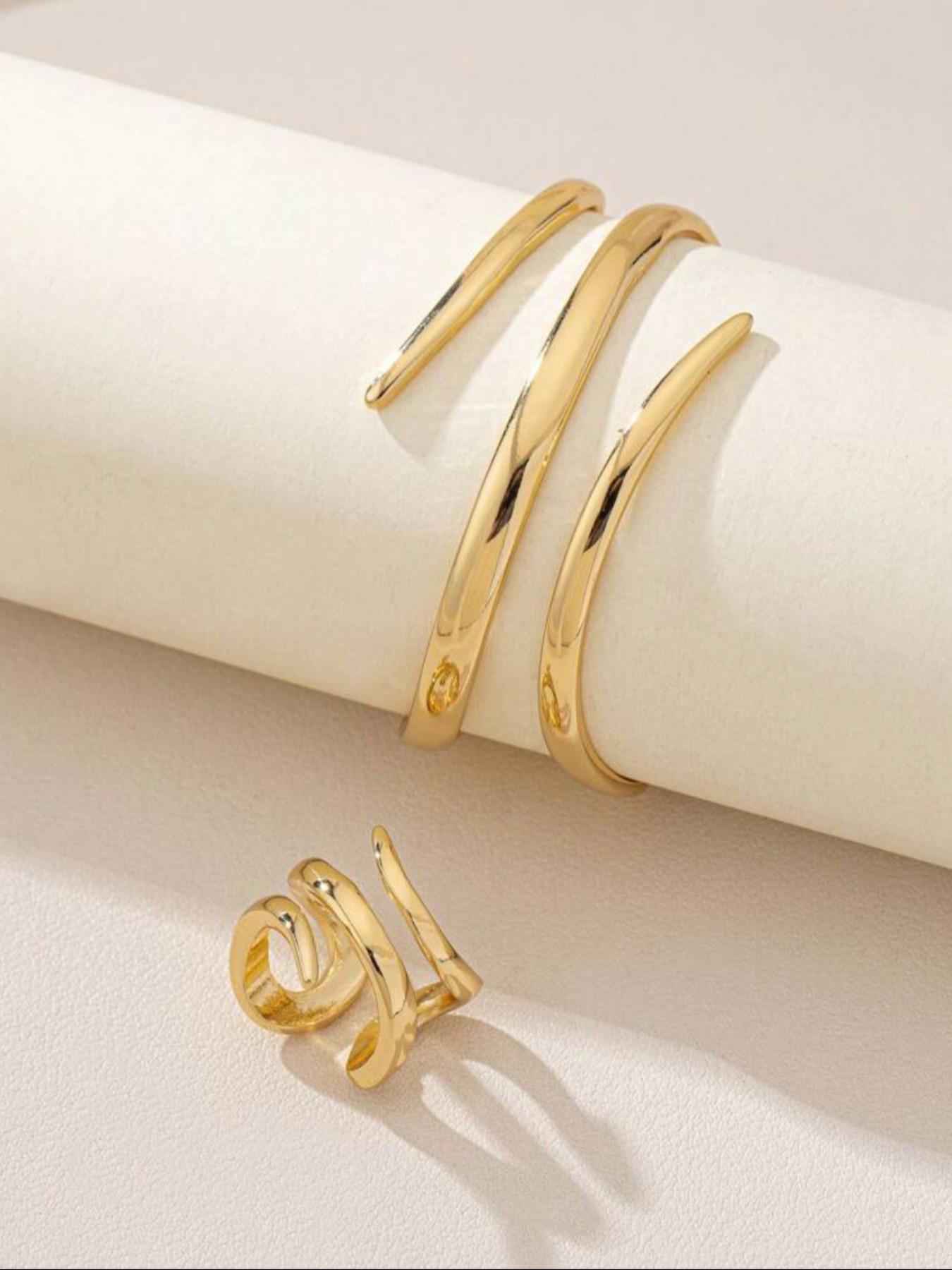 Women's Elegant Sleek Geometric Design Wrap Bangle & Ring, Exquisite Trendy Ring & Bangle, Fashionable Jewelry Set for Gifting