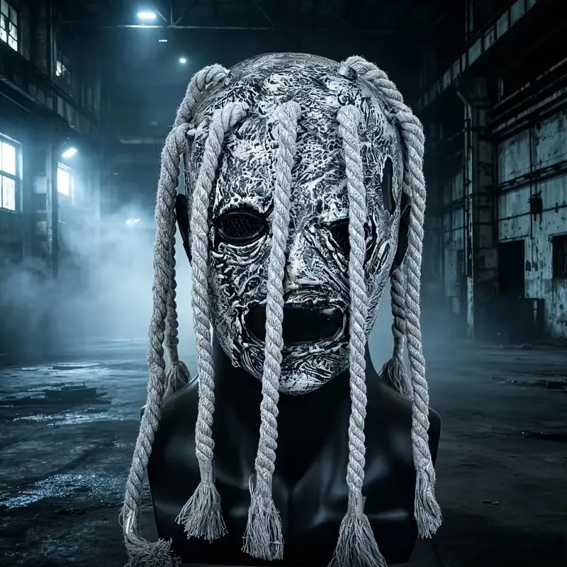 Horror Rope Knot Ghost Face Mask Half Face, Halloween Makeup Party Role Play Cosplay Props, Long Hair Braid Design, Perfect for Costume Events