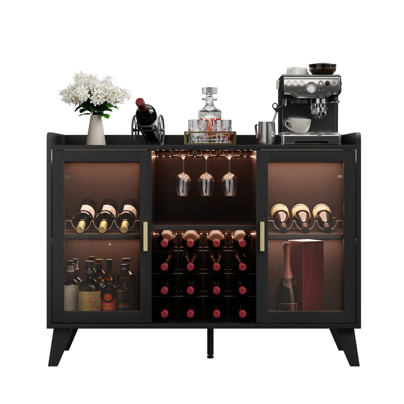 47-Inch Modern Wine Bar Cabinet with LED Lights, Freestanding Liquor Cabinet Sideboard with 16-Bottle Rack & Glass Holders, Black Coffee Bar Station Buffet Console with Transparent Doors & Adjustable Shelves for Dining Room and Living Room