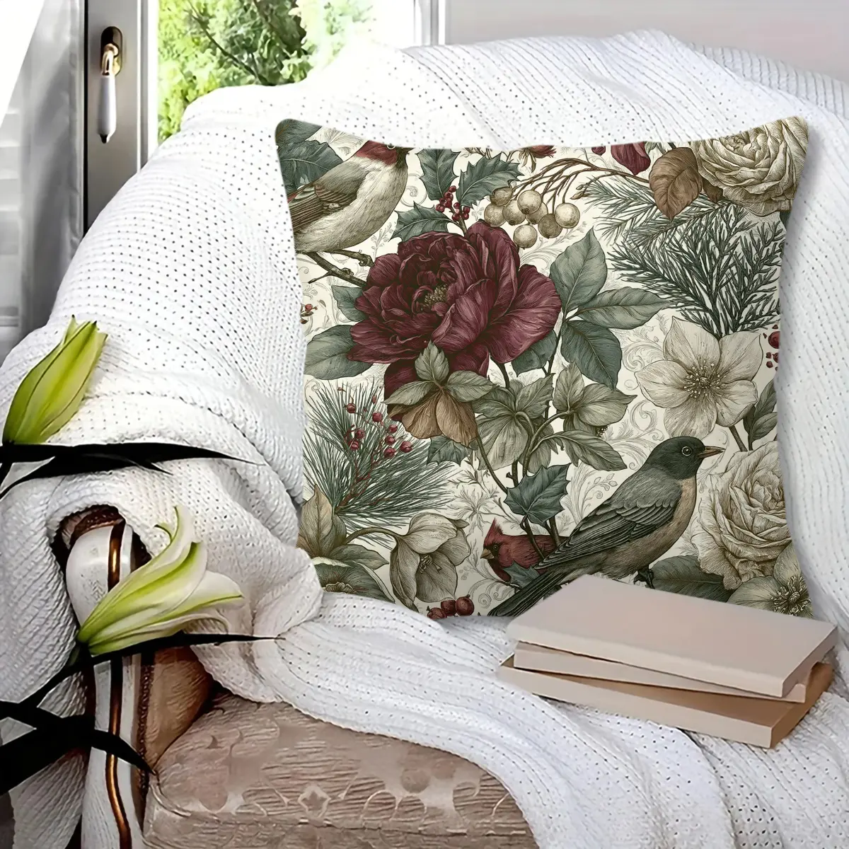 45x45cm 1Pc, Vintage Winter Floral & Bird Print Throw Pillow, soft fluffy and durable, perfect for sofa, couch, bed, living room and bedroom decor, cozy home decorative accessory, great small holiday gift for friends and family, includes filling