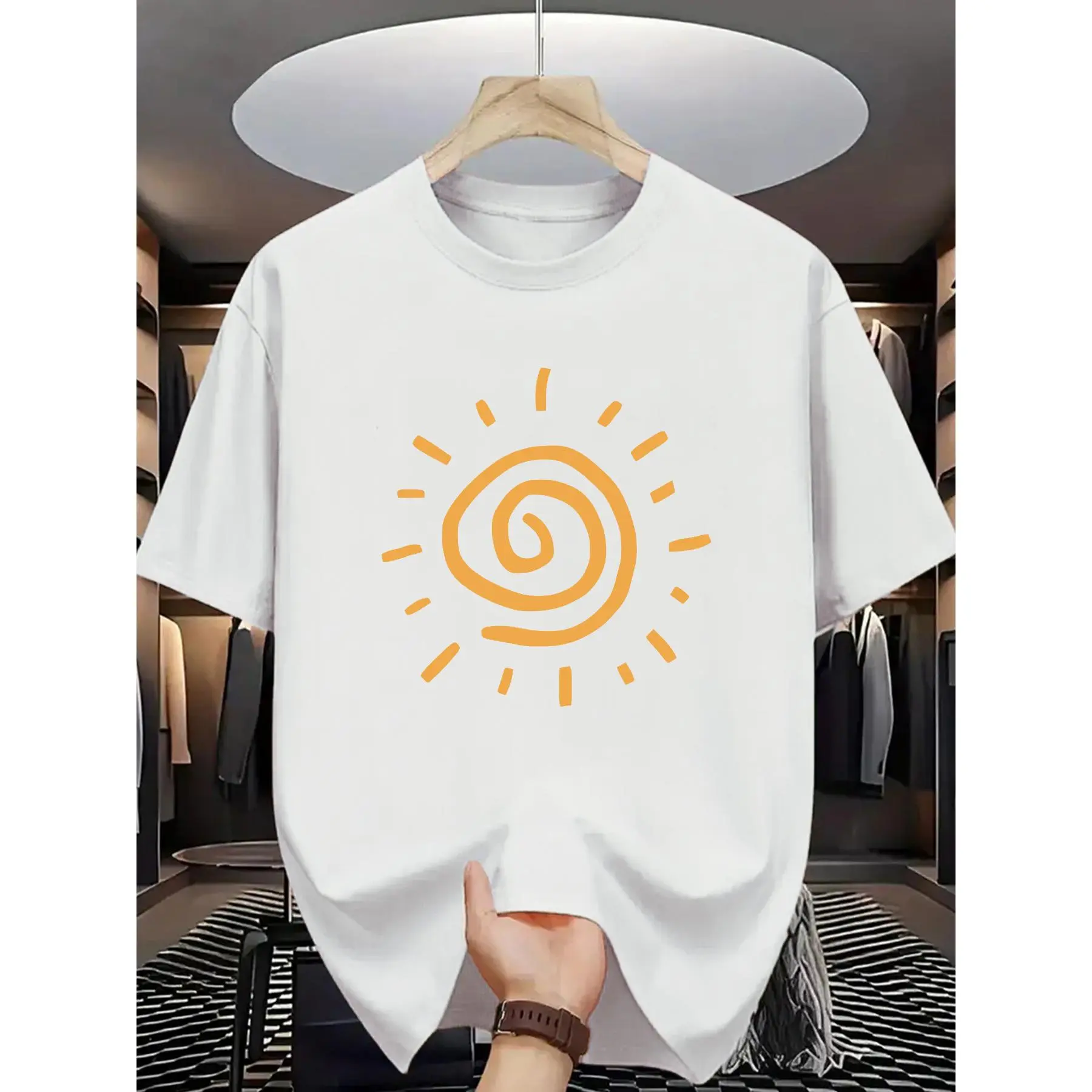 Men's Spiral Pattern T-Shirt in Vibrant Orange, Stylish Short-Sleeve Round Neck for Daily Wear and Outdoor Activities, Menswear, Print, Tshirt, Top, Vibrant Print, No, Tops, Shortsleeve