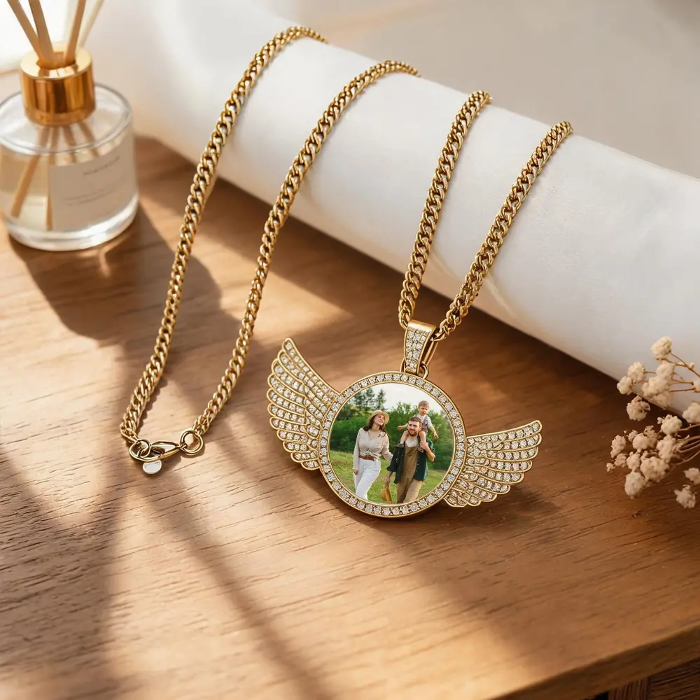 Custom Angel Wings Photo Spinner Necklace: Personalized Memorial Jewelry, Rhinestone Round Photo Locket, Memorial Gift for Men Women