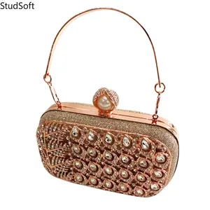 Peacock Evening Clutch Bag Luxury Rhinestone Purse Gold Rose Silver Hard Shell Handbag Crystal Peacock Feather Shoulder Pouch for Wedding Party