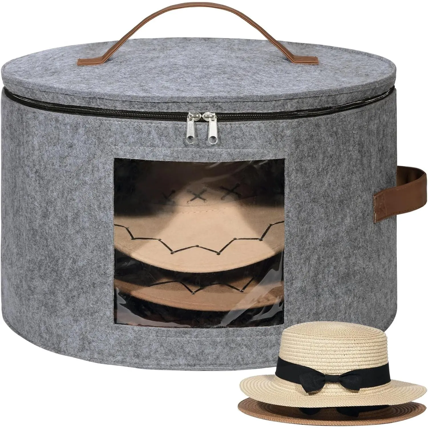 Round Cowboy Hat Box for 7 Caps, 37L Hat Organizer Bag,Gray,1 Pack | Foldable felt organizer with lid and travel carrier, 16.5''D x 10.6''H for hats and baseball caps