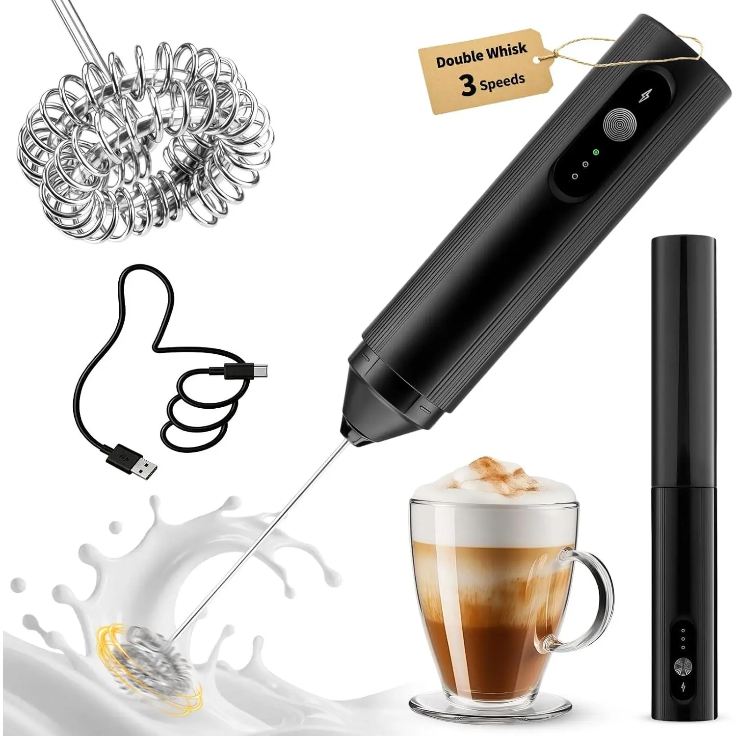 Rechargeable Milk Frother Handheld with Travel Cover, 3-Speed Adjustable Electric Whisk for Coffee, Latte, Cappuccino, Matcha,   Coil  Maker, USB-C  Drink Mixer Wand