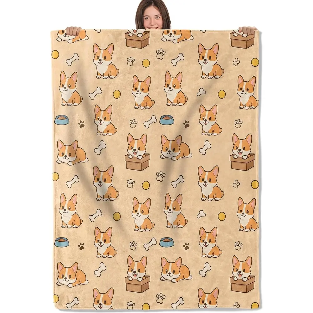 1PC Playful Corgi Blanket Soft Lightweight Flannel Throw Blanket for Living Room Bedding Travel Home Decor Cozy Blankets Gifts for Adults Women Men