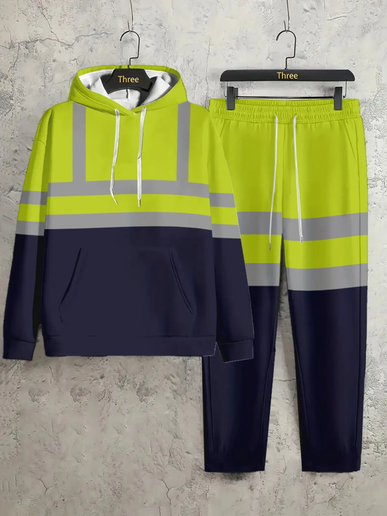 Men's 2-Piece Workwear Hoodie Set, Colorblock Safety Warning Print, Casual Fitted Long Pants, Outdoor Work Wear, Spring & Fall