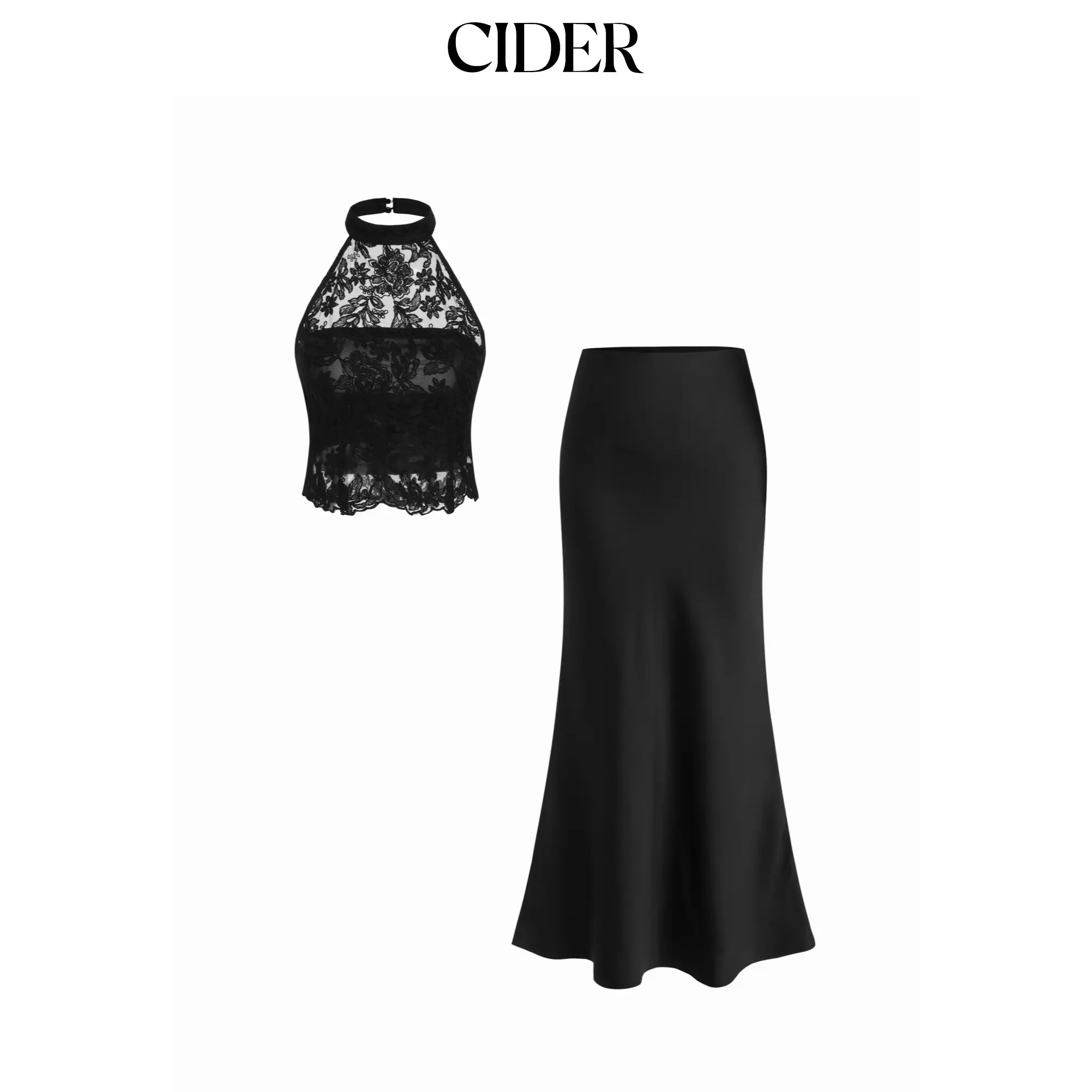 Cider Cotton-blend Lace Halter Crop Top & Low Rise Mermaid Maxi Skirt Set SohoChic