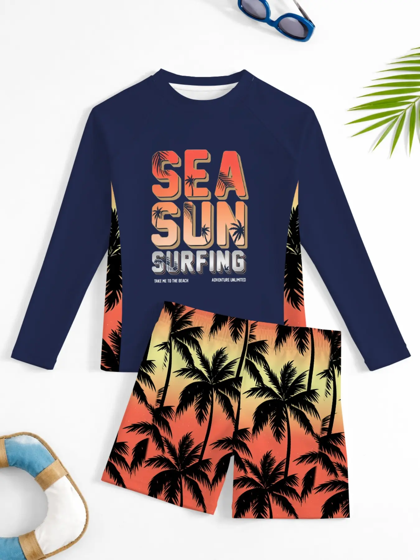 Beach Vacation Swimwear, Coconut Tree Gradient Print Long Sleeve Sun Protection Two-Piece Swimsuit, Casual Fitted Style, Rash Guard Swimsuits, Rashguards, Rash Guard Set