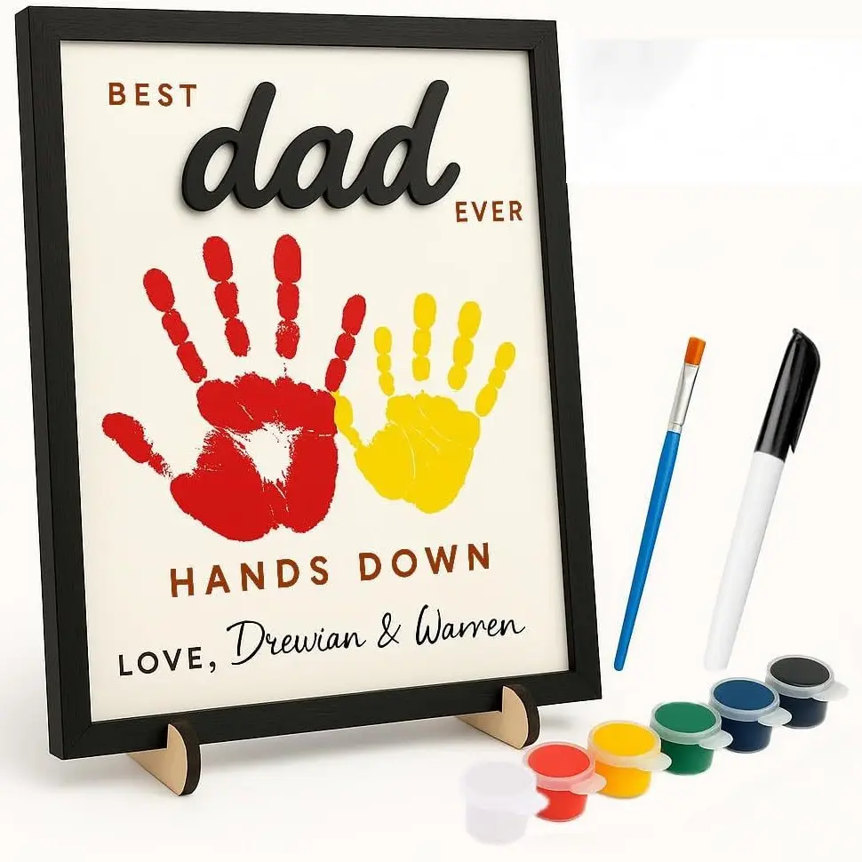 Best Dad Ever Gifts from Kids - Personalized Fathers Day Gift Ideal for Dad, DIY Fathers Day Crafts for Kids, Custom Family Keepsake Plaque with Paints & Accessories