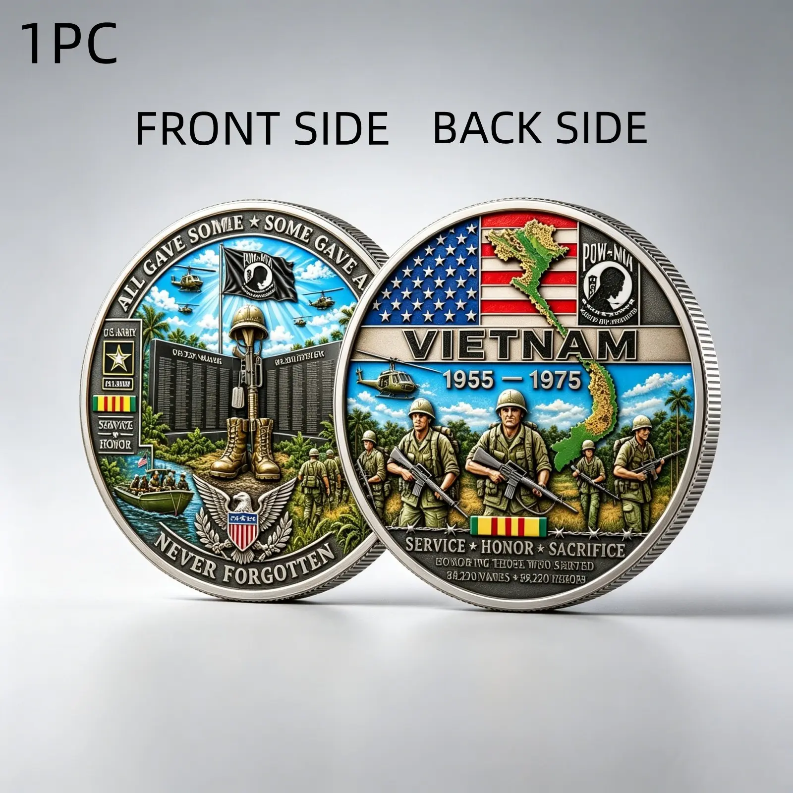 1PC American Vietnam Service Memorial Coin 3D Relief Honor And Sacrifice Challenge Token Tribute Keepsake Collection Gift For Father Grandfather Brother Friend Veteran Supporter Memorial Day Independence Day Anniversary Display