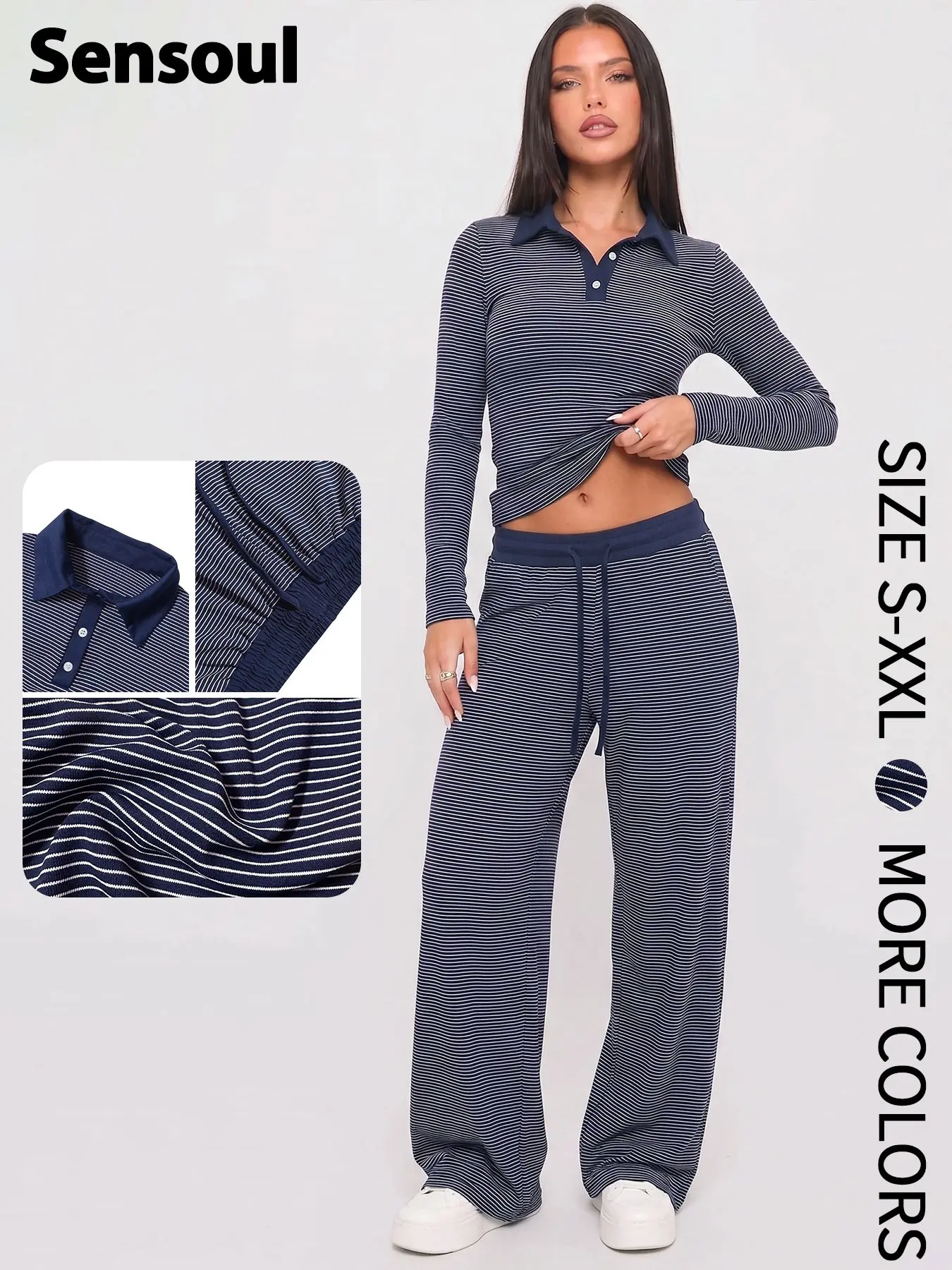 European Style Fashion Striped Knit Polo Neck Blouse & Wide Leg Pants Set, Casual Slim Fit Long Sleeve for All Seasons