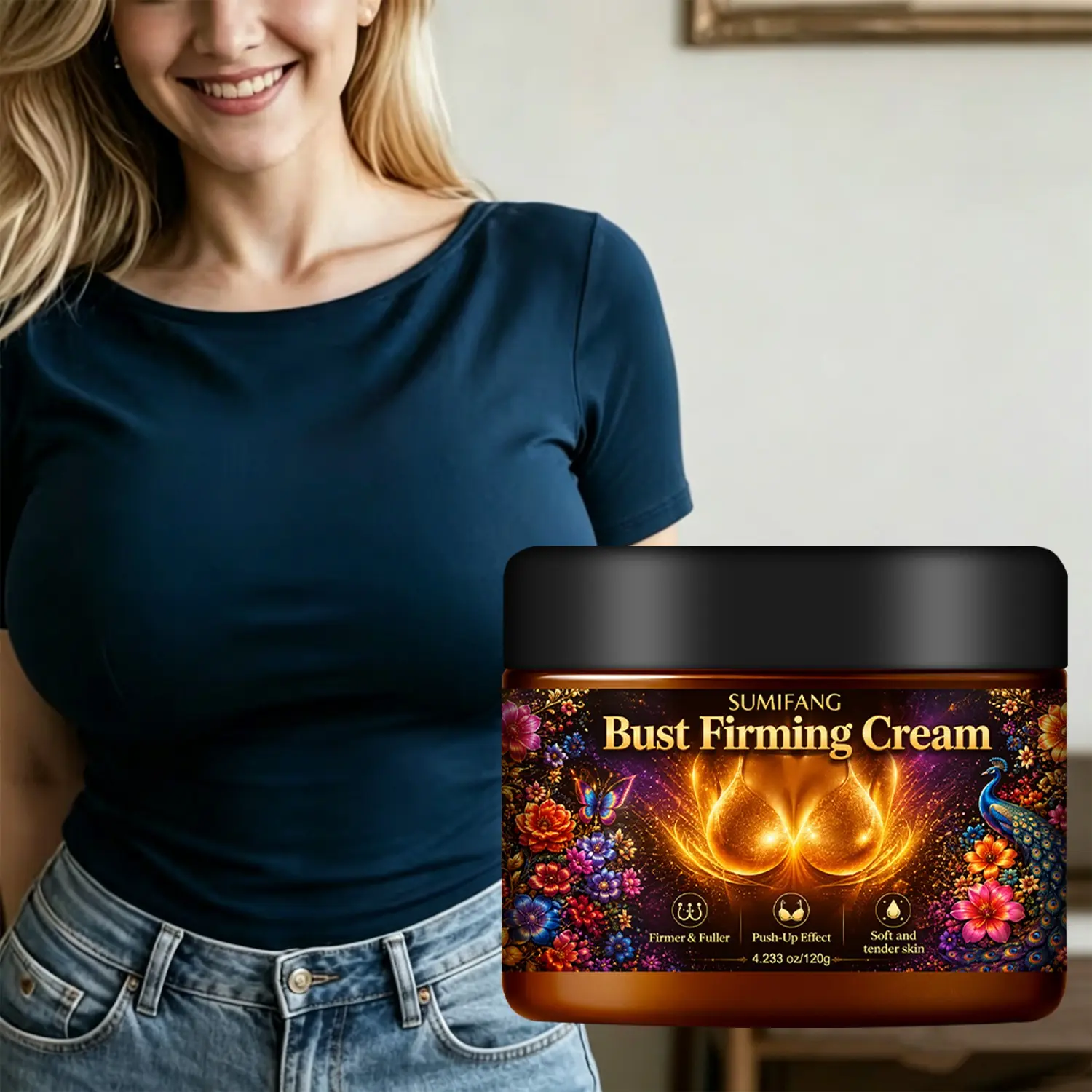 SUMFANG Breast Firming Cream (120g) with Caffeine + Squalane – Non-greasy, fast-absorbing formula for the bust area; suitable for women with dry or mature skin; ideal for pre-activity and post-workout breast care.