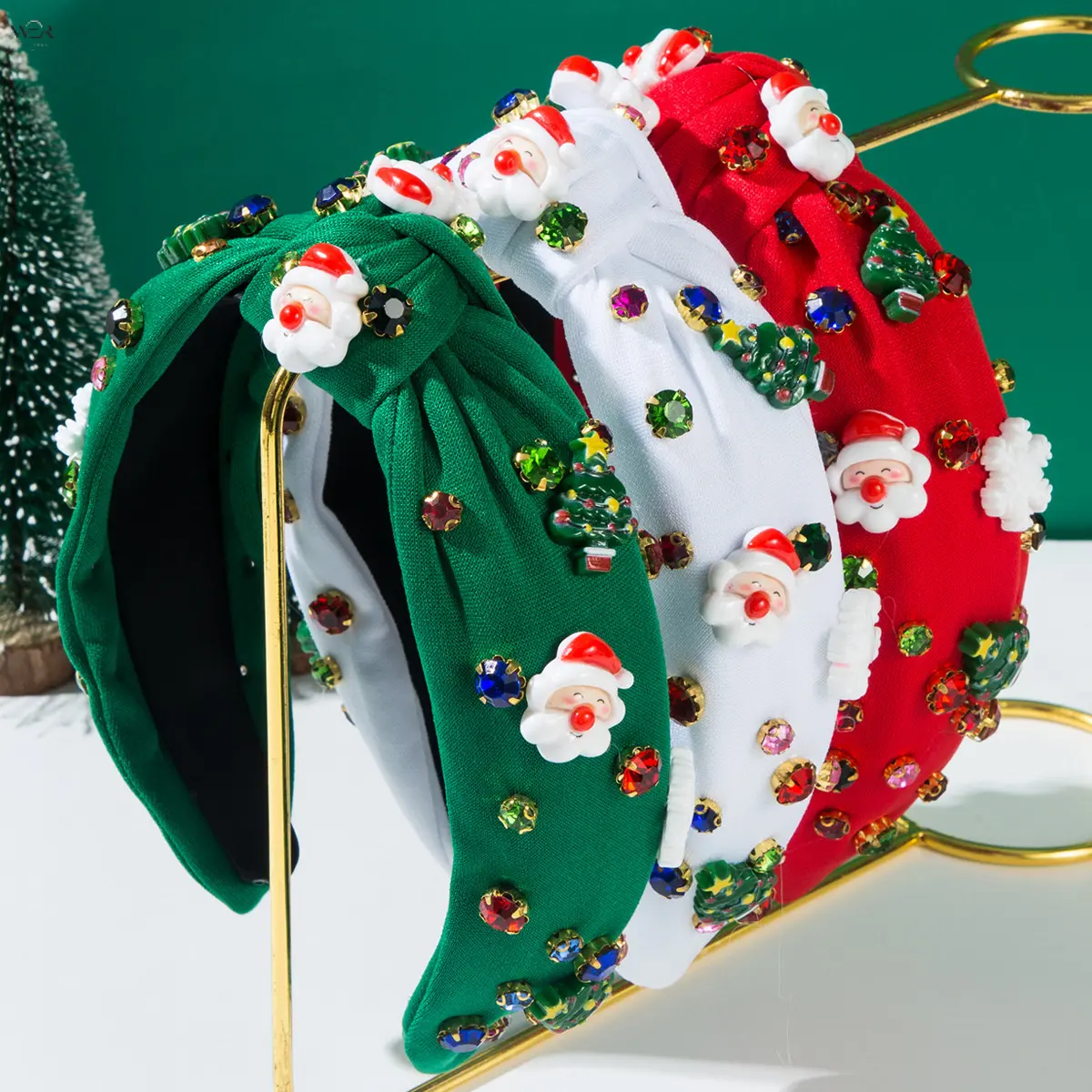 Christmas Knotted Headband for Women, Jeweled Rhinestone Xmas Headband with Santa Claus Christmas Tree Ornaments, Festive Holiday Party Hair Accessories