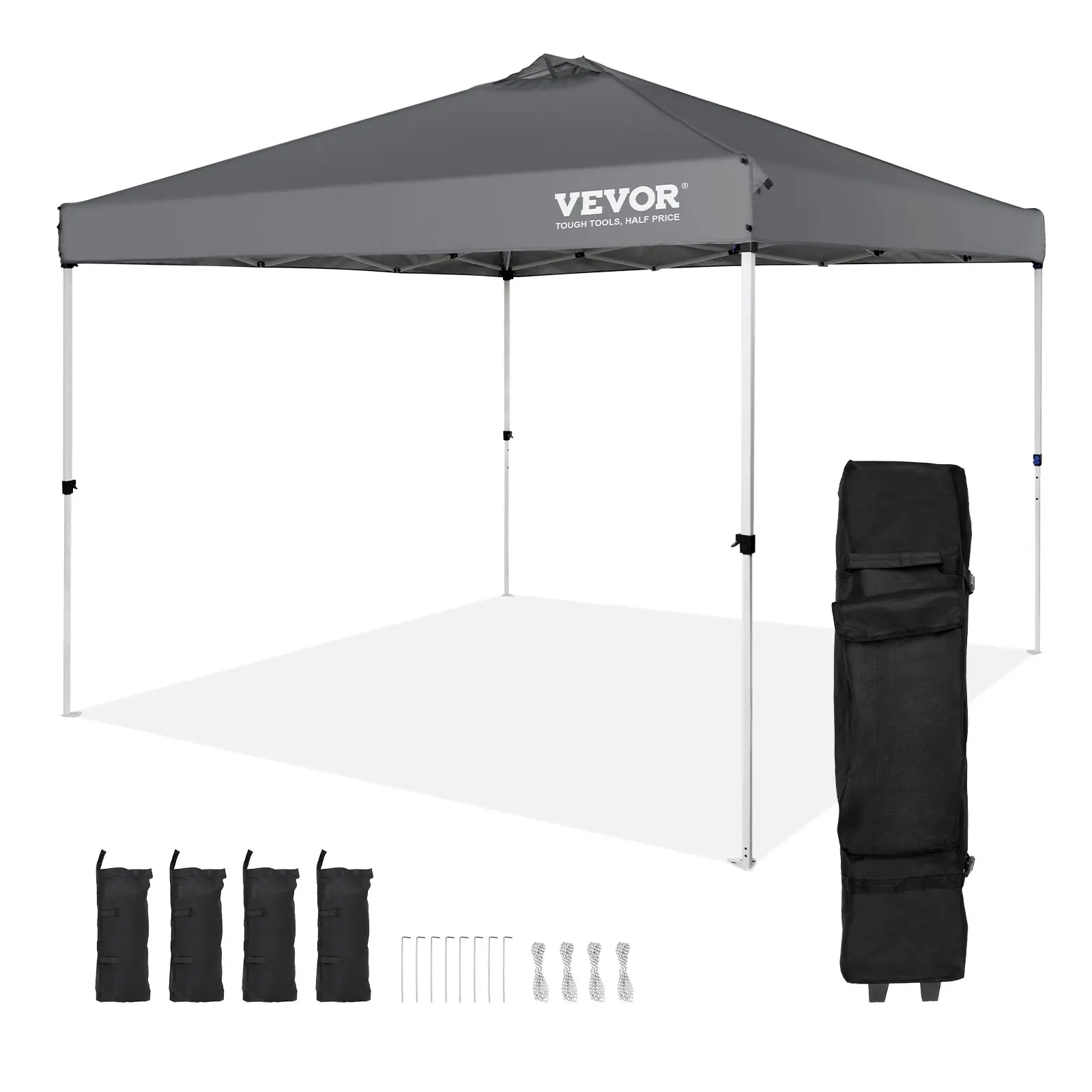 VEVOR 10x10 ft Pop Up Canopy Tent, 250D PU Silver Coated Tarp, Quick Setup Waterproof Sun Shelter Gazebo with Portable Roller Bag & 4 Sandbags, Sandbagged for 6-8 Ppl Outdoor Party, Camping (Dark Gray)