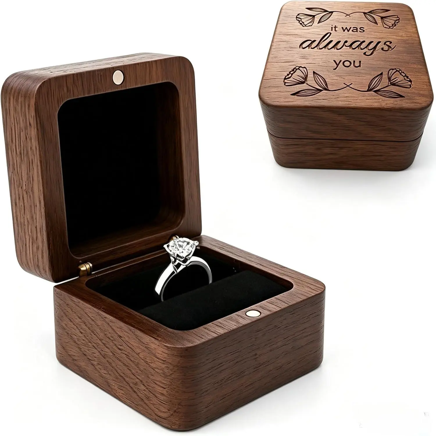 Personalized Engraved Wooden Ring Box for Wedding Ceremony,Engagement Ring Holder Box with Single Slot,Rustic  Square Wedding Ring Box for Ring(It Was Always You)