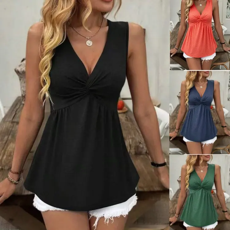 Women's Sleeveless V-Neck Tops Twist Knot Front Peplum Tank Top Casual Summer Tunic Shirts Pleated Ruched Waist Slim Fit T-Shirts Elegant Basic Blouse Trendy Cute Y2K Vacation Everyday Wear Flattering Tops for Ladies