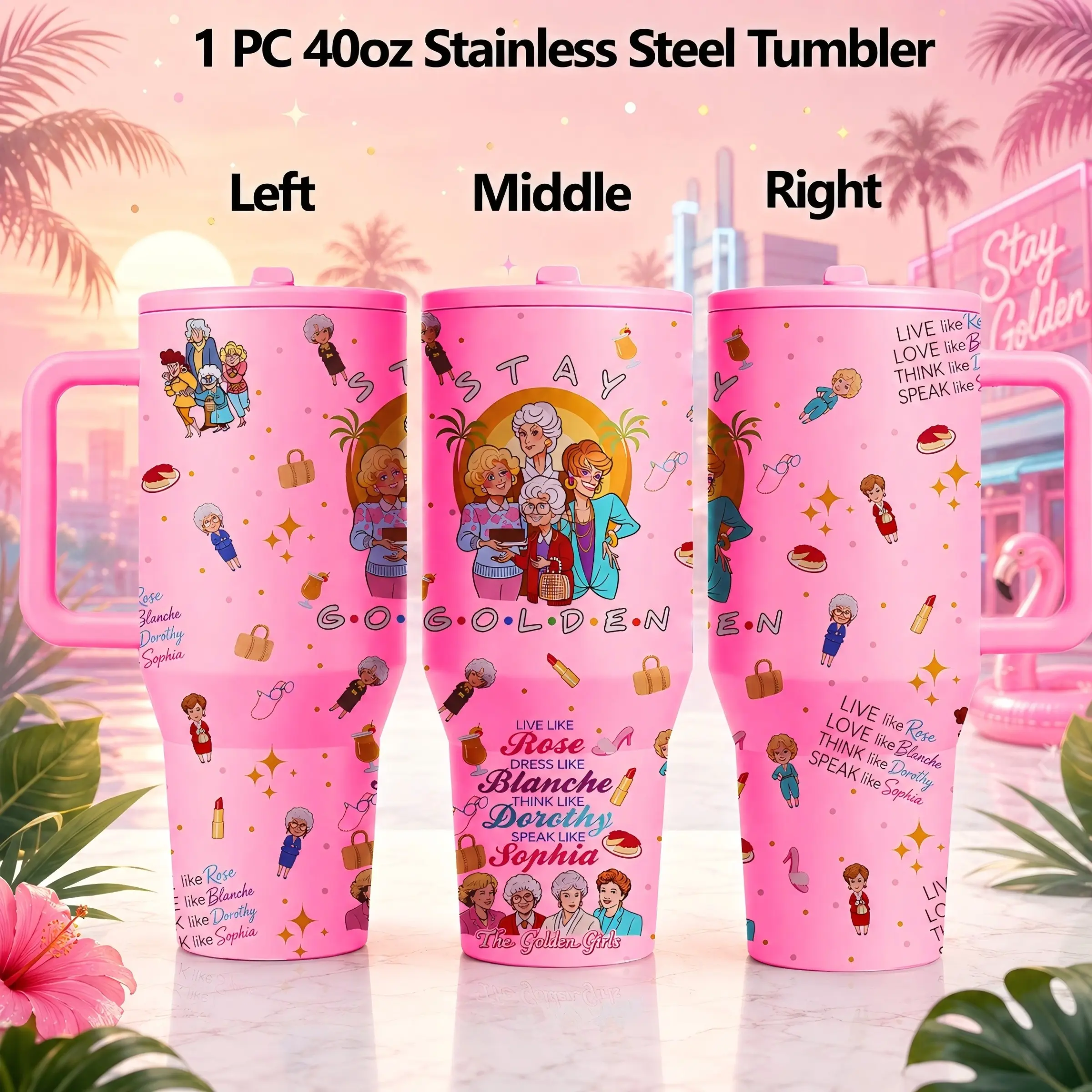 1 Pc 40oz Golden Girls Stainless Steel Tumbler, Vacuum Thermo Flask, with Handle and Lid, Insulation, Pink Retro TV Show Travel Mug, Double Wall Vacuum Insulated Cup for Coffee Water Tea, Keeps Hot 12H Cold 24H, Gift for Women Best Friend Fans