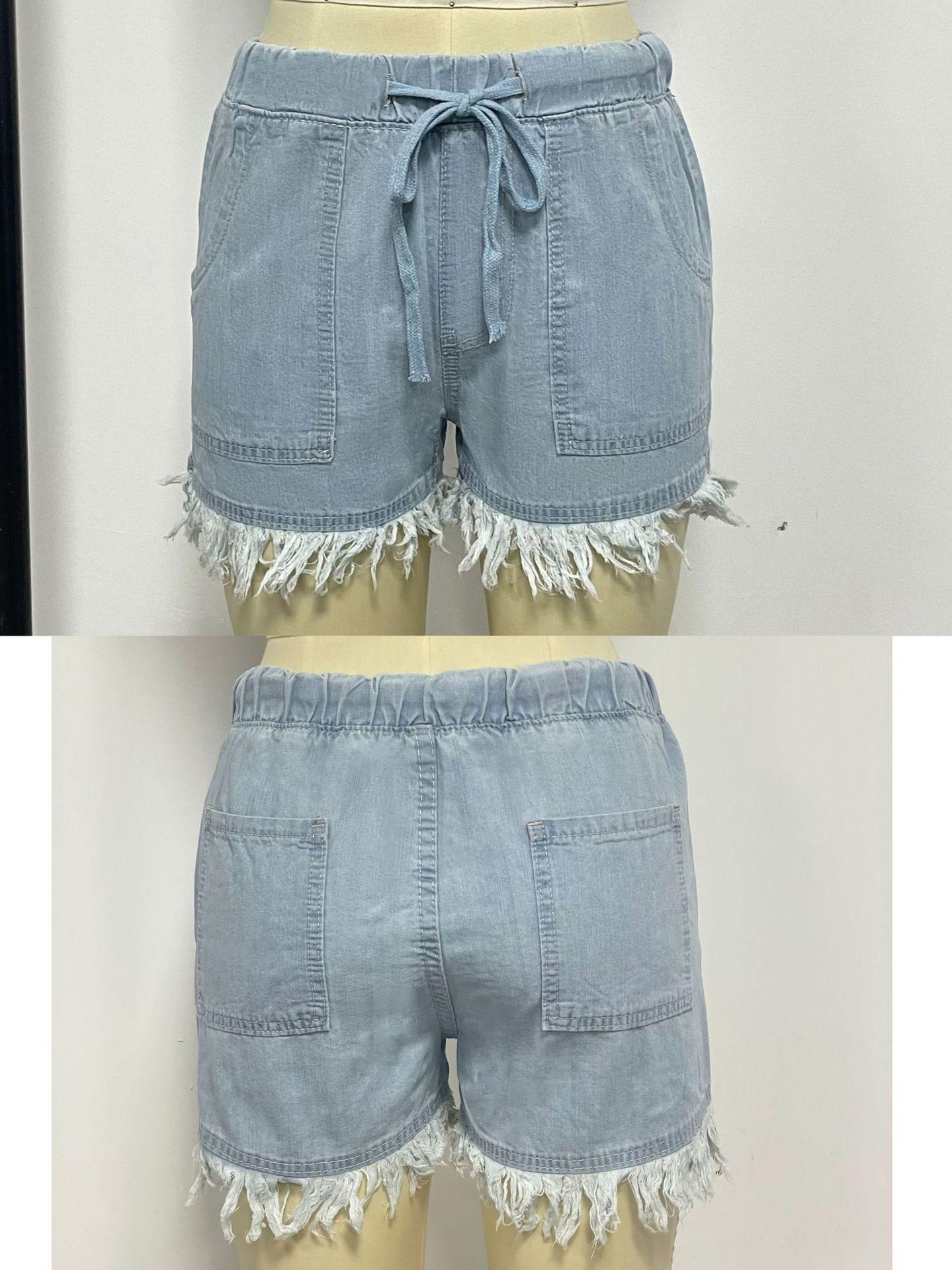 Elastic Waist Drawstring Denim Shorts for Women Summer Casual Loose Frayed Hem Jean Shorts with Pockets