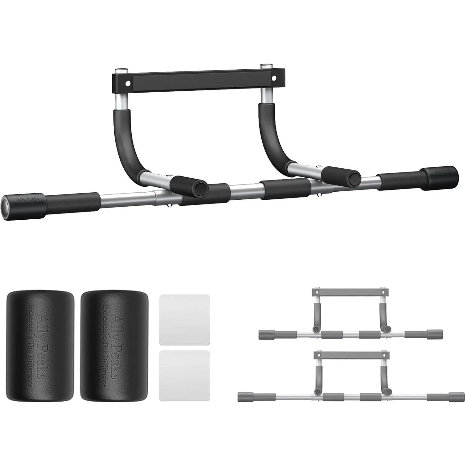 Ally Peaks doorway pull-up bar, multi-level adjustable width pull-up bar, precisely fits wide and narrow door frames, indoor chin-up bar for home workouts, original US patent