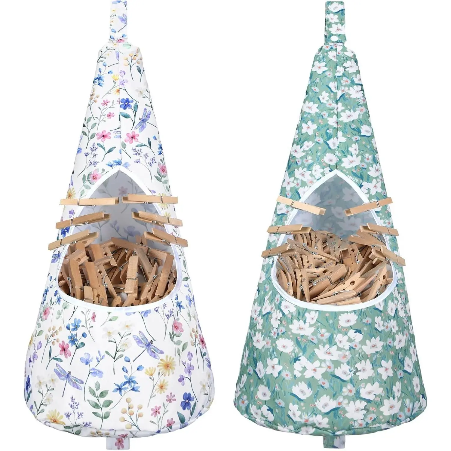2 Pcs Clothespin Bag Hanging Storage Organizer 9x24 Inch Canvas Waterproof Enlarged Floral Laundry Clothespin Holder With Extra Large Opening And Hanging Rope
