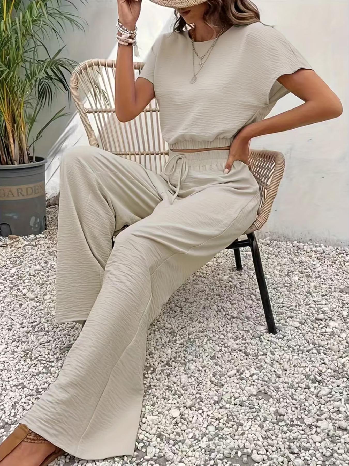 Women's Solid Color Top & Wide Leg Pants Two-piece Set, Casual Round Neck Top & Elastic Waist Drawstring Trousers for Summer, Ladies Clothes for Daily Wear, Womenswear Women's Solid Color Top & Wide Leg Pants Two-piece Set, Casual Round Neck Top & Elastic Waist Drawstring Trousers for Summer, Ladies Clothes for Daily Wear, Womenswear