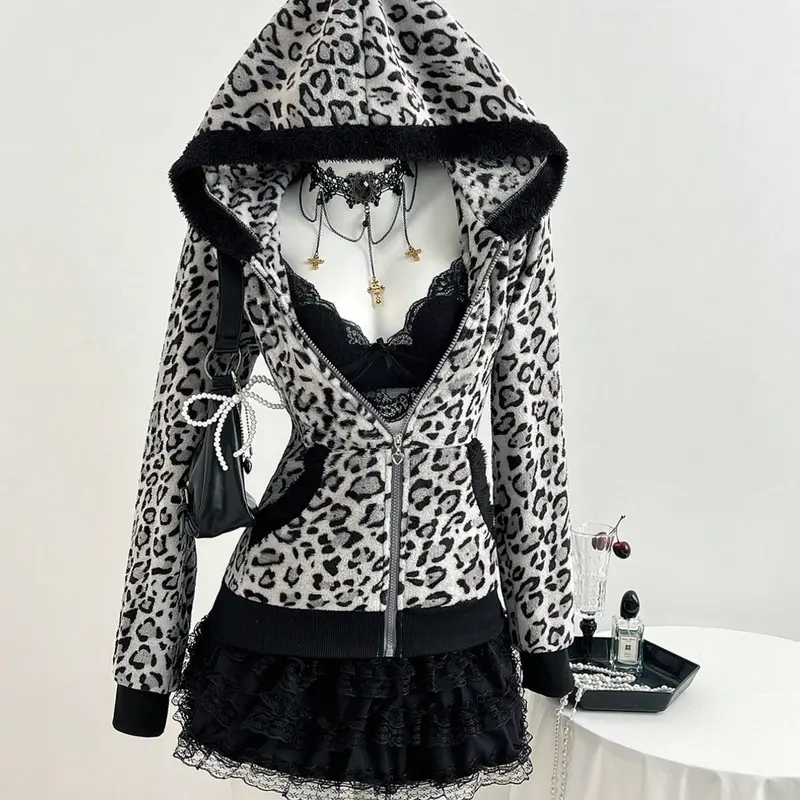 Y2K Gothic Leopard Print Slim Fleece Hooded Jacket, Winter Streetwear, Sexy Going Out Outerwear
