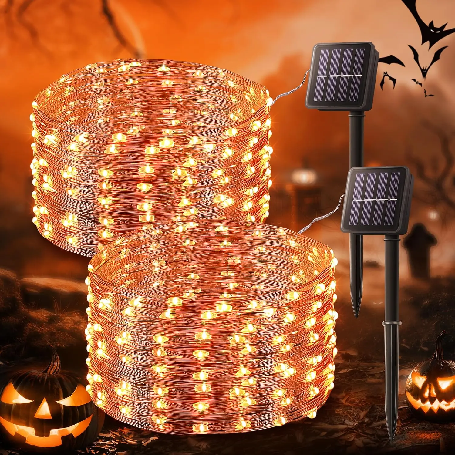 2 Pack Orange Solar Fairy Lights Outdoor, 66 FT 200 LED | Solar  Halloween String Lights, Copper Wire Twinkle Light for Thanksgiving Christmas Trees Party Yard Decor