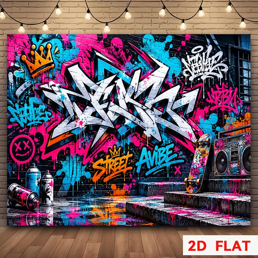 2D Flat Urban Street Graffiti Themed Polyester Photography Backdrop Sheet, HD Digitally Printed, Soft Lightweight Foldable Background Cloth for Product Photos, Portrait Shooting