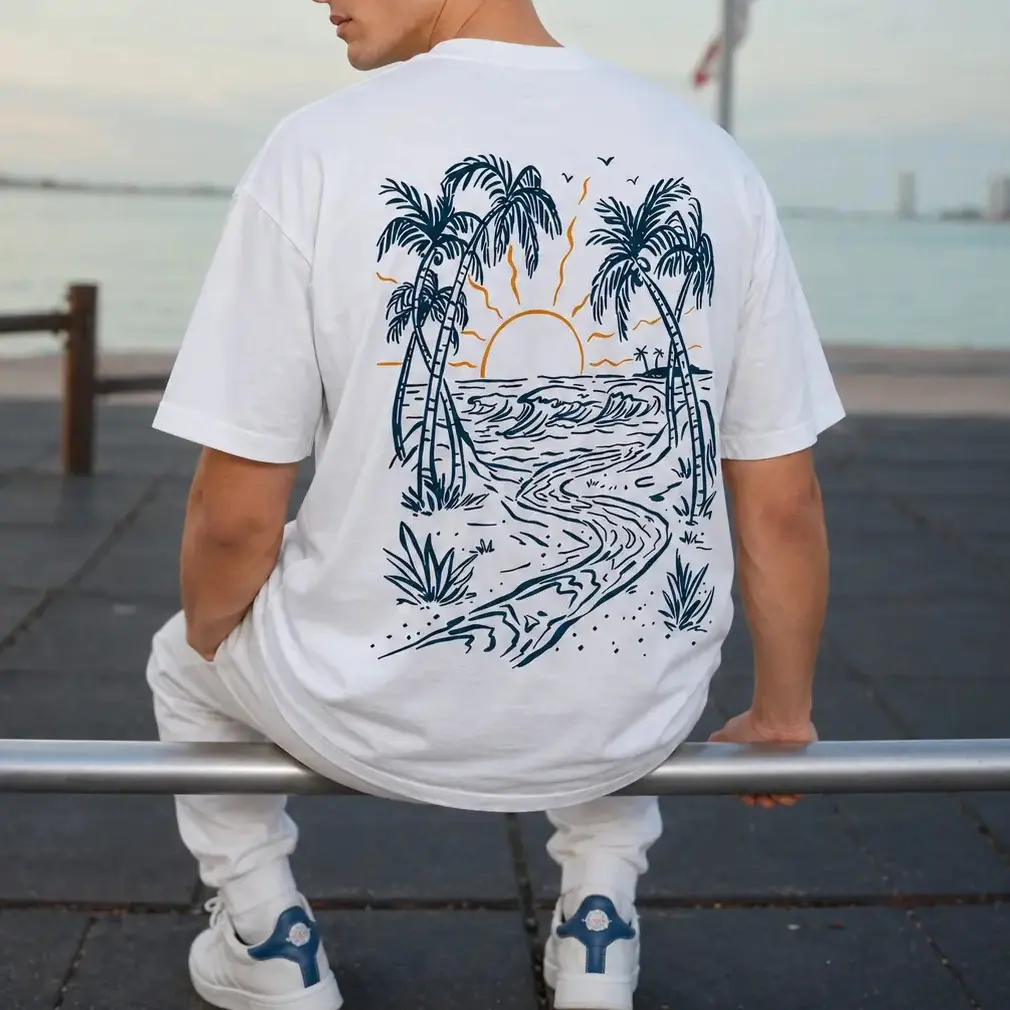 Coastal Men's Vacation Style Island Element Printed Short Sleeve T-Shirt, Suitable For Summer Wear, Comfortable & Breathable, Leading Fashion Soft  Tee & Casual Outings  T-Shirt Ideal For Daily Outings & Holiday Gifts.